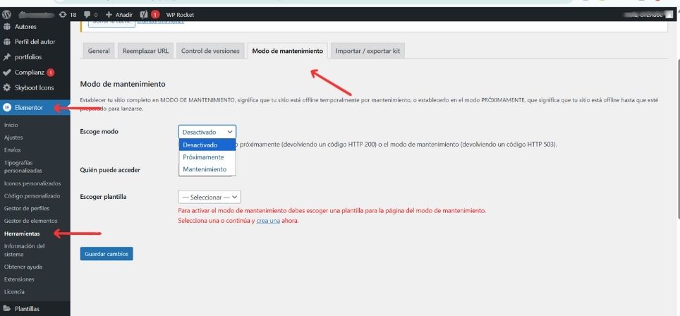 activar el modo mantenimiento en elementor